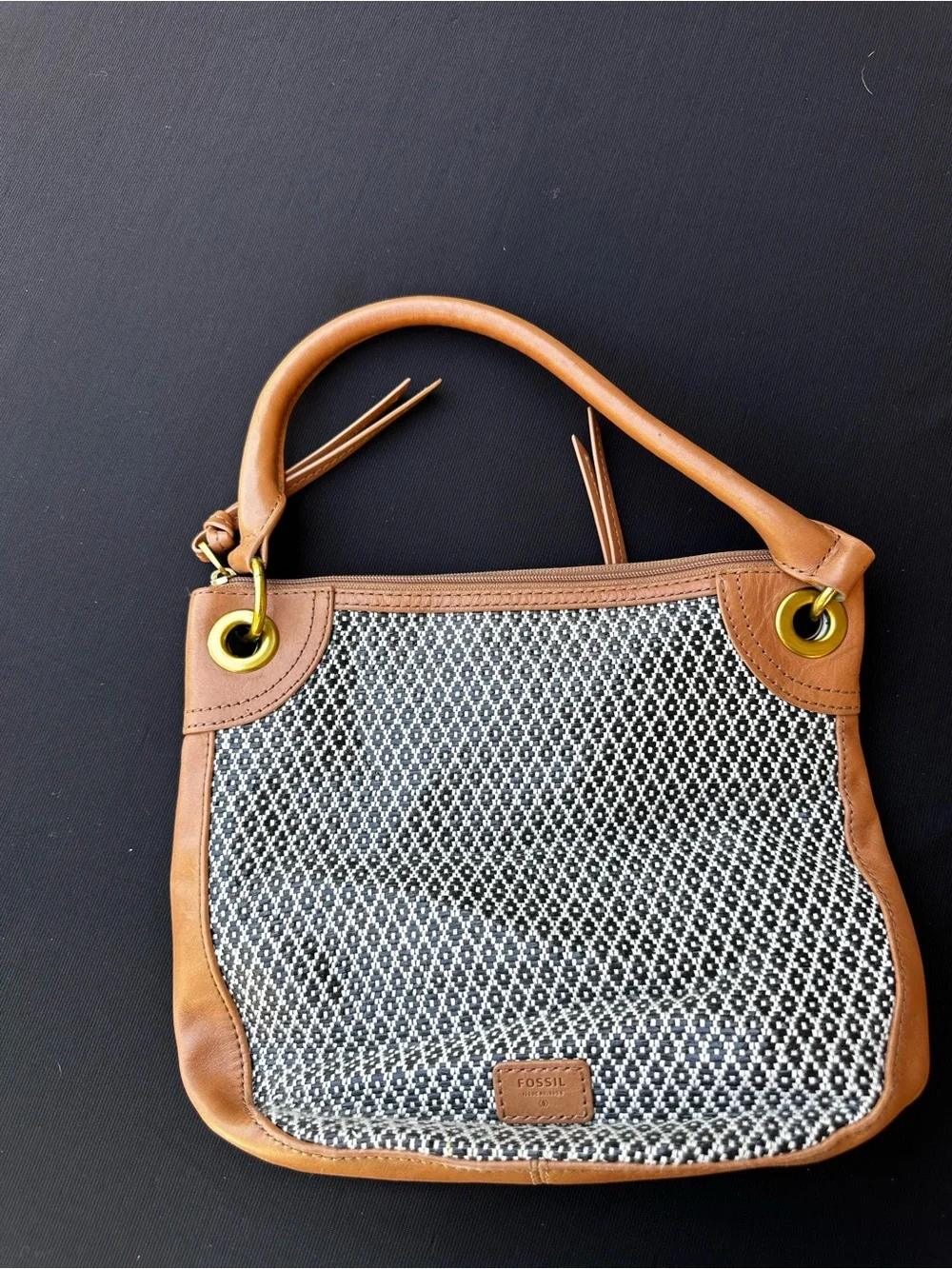 Fossil Tan Karli Hobo Leather-Trimmed Black-and-White Woven Bag